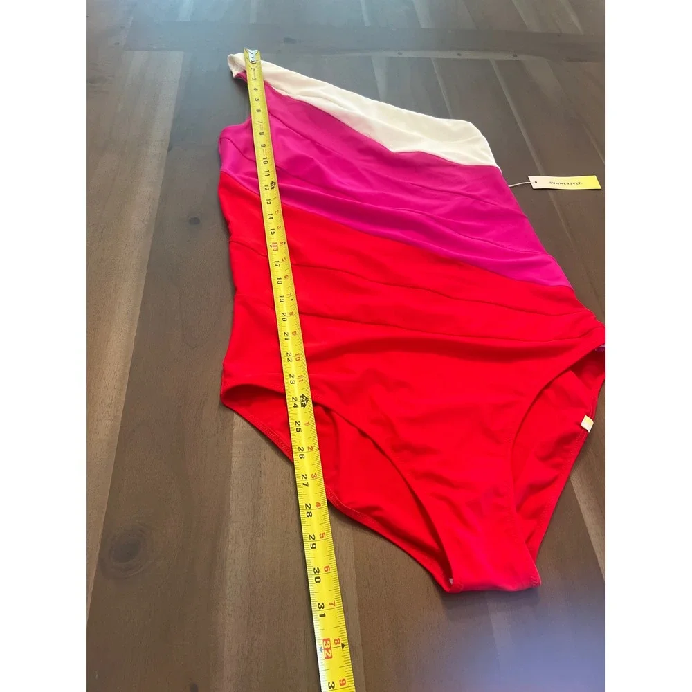 Summersalt The Sidestroke One Shoulder Swimsuit Colorblock Pink White Red 14LT